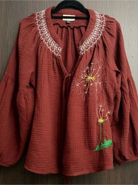 Women’s Embroidered Peasant Top - Rust Red